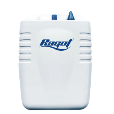 Dispositivo branco com logotipo Rarot azul e componentes no topo