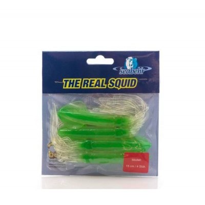 Embalagem com quatro peixes artificiais verdes para pesca da marca Seabehr THE REAL SQUID