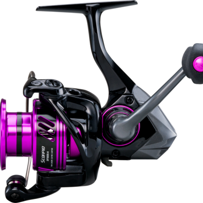 Carrete de pesca spinning preto e roxo metálico
