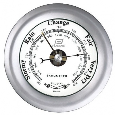 Barómetro redondo com moldura prateada e mostrador branco