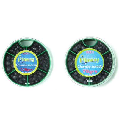 Dois potes de chumbo sortido para pesca, um com 120grs e outro com 70grs.