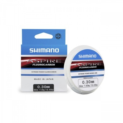 Linha de pesca Shimano Aspire Fluorocarbon 0,30 mm, 50 m, embalagem azul, branco e vermelho