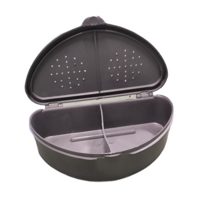 Caixa cinzenta de plástico com tampa arredondada e orifícios na tampa