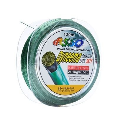 Carretel de linha de pesca verde com rótulo com texto colorido e medidas.
