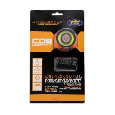 Lanterna de cabeça LED COB em embalagem preta e laranja