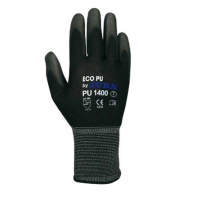 Luva preta de proteção ECO PU tamanho 7 com punho cinza e texto branco e azul