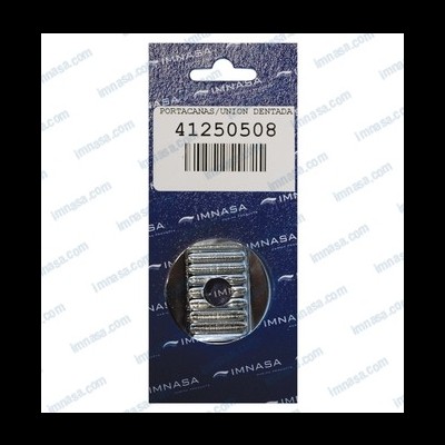 Porta canas metálico com união dentada em embalagem azul com etiqueta