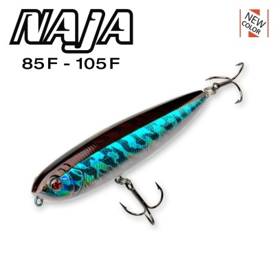 Isca de pesca NAJA preta e azul com ganchos e olhos vermelhos