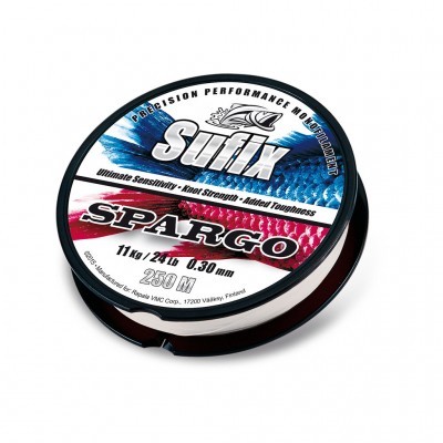 Carretel de linha de pesca Sufix Spargo com especificações visíveis