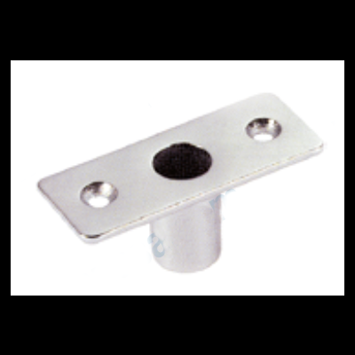 Fecho metálico prateado com dois orifícios para parafusos e um orifício central cilíndrico