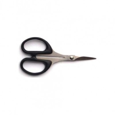 Tesoura pequena com pegas pretas e lâminas metálicas