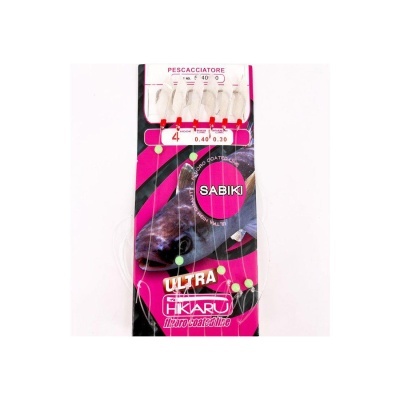 Embalagem de anzóis para pesca Sabiki preta e rosa com texto e imagem de peixe