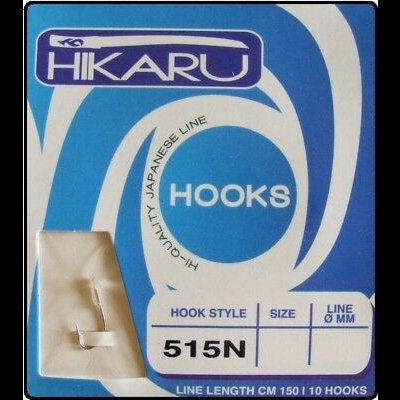 Embalagem azul e branca de anzóis HIKARU com texto e anzol visível