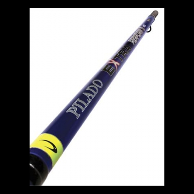 Cabo de pesca azul escuro com texto e detalhes em amarelo e preto.