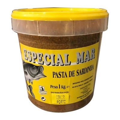 Pote amarelo de pasta de sardinha Especial Mar com texto e imagem de peixe