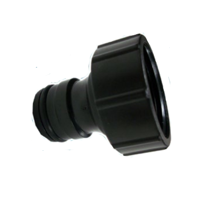 Adaptador de mangueira de jardim em plástico preto com rosca de porca.