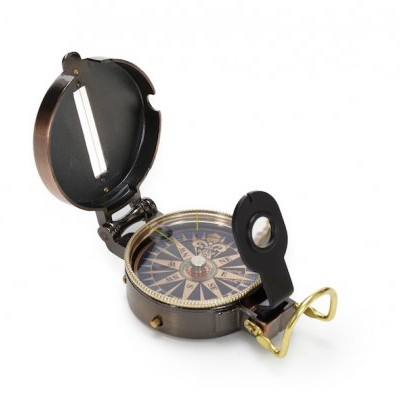 Bússola metálica com lente de aumento e tampa aberta