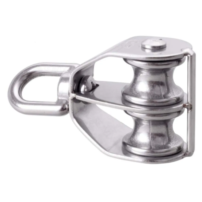 Polia dupla metálica prateada com roldanas e argola