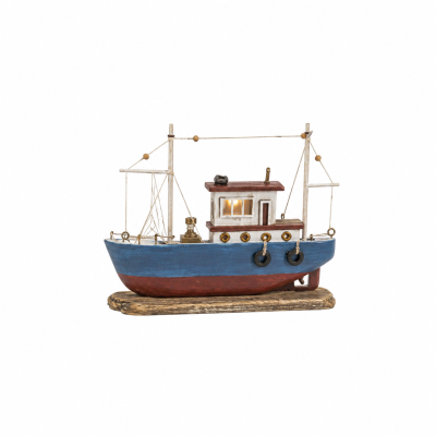 Miniatura de barco em madeira azul, vermelho e branco com janela iluminada