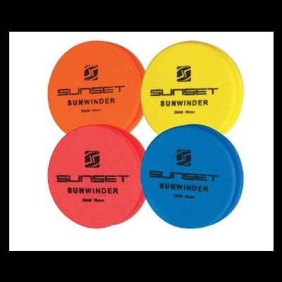 Conjunto de quatro discos voadores coloridos com texto SUNSET SUNWINDER no centro