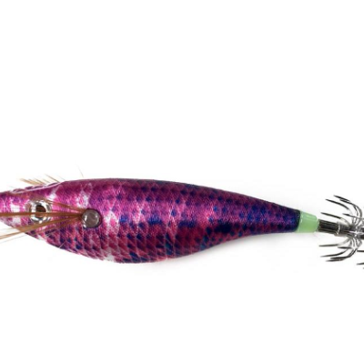 Isca de pesca em forma de lula rosa e roxa com anzóis múltiplos