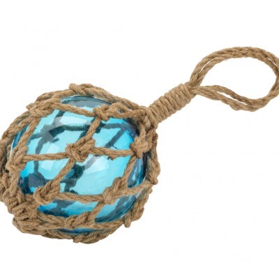 Flutuador azul de vidro com rede de corda natural e alça