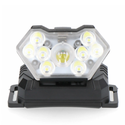 Luz LED portátil preta com várias lâmpadas em fundo branco