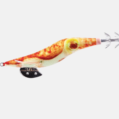 Isca de pesca artificial laranja com anzóis metálicos e pequeno acessório preto