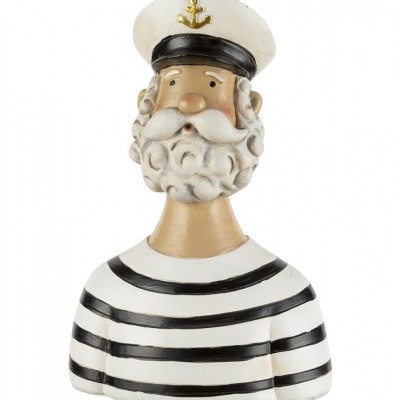 Busto decorativo de marinheiro com camisa às riscas e boné branco