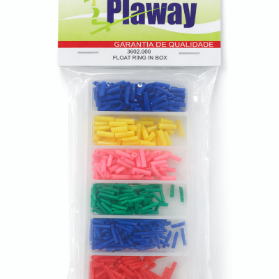 Embalagem com pequenos tubos plásticos coloridos e etiqueta Plaway