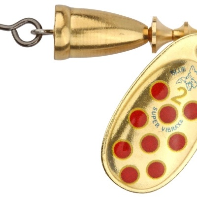 Isca de pesca dourada com pontos vermelhos e gancho afiado