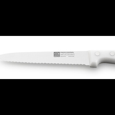 Faca branca com lâmina serrilhada e cabo branco