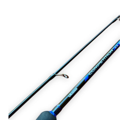 Canas de pesca Okuma Competition com estrutura preta e detalhes azuis