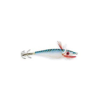 Isca de pesca artificial azul e branca com penas e gancho de metal