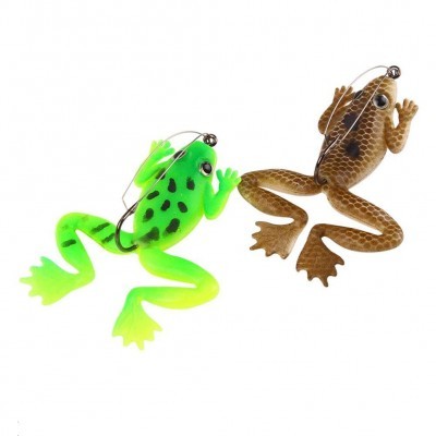 Dois iscos artificiais em forma de rã, verde fluorescente e castanho