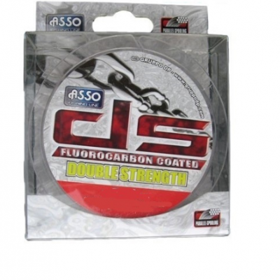 Rolo de linha de pesca Asso DJS fluorocarbon coated double strength na embalagem.