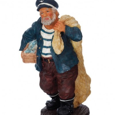 Estatueta de pescador com rede e caixa de peixes