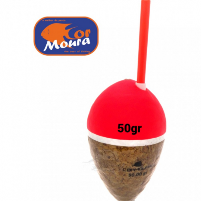 Boia de pesca com corpo de cortiça e topo vermelho com texto preto