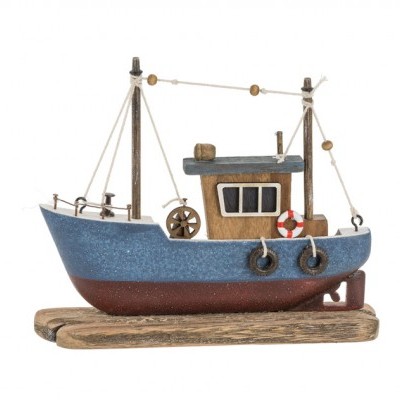 Miniatura de barco de pesca em madeira com base de madeira