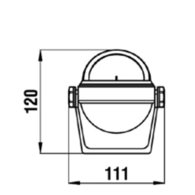 Desenho técnico a preto e branco de um suporte com alça e medidas 120x111.