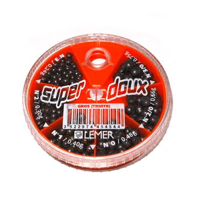 Disco transparente com esferas pretas de chumbo para pesca e etiqueta super doux