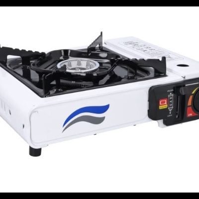 Fogão portátil a gás branco com queimador preto e botão de controlo vermelho e preto