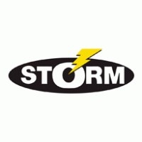Logótipo com a palavra STORM em letras brancas e um raio amarelo sobre a letra O