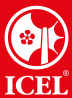 Logótipo da marca ICEL em fundo vermelho com letra estilizada e flor