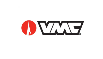 Logótipo preto VMC com círculo vermelho e forma branca