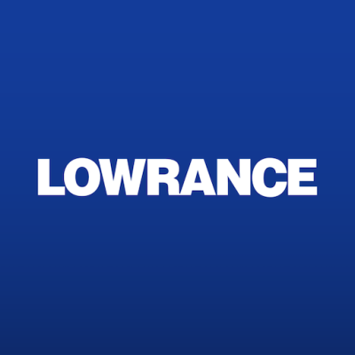 Logótipo branco 'LOWRANCE' sobre fundo azul degradado