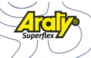 Logotipo da marca Araty Superflex em amarelo e preto com fundo branco e padrão cinzento