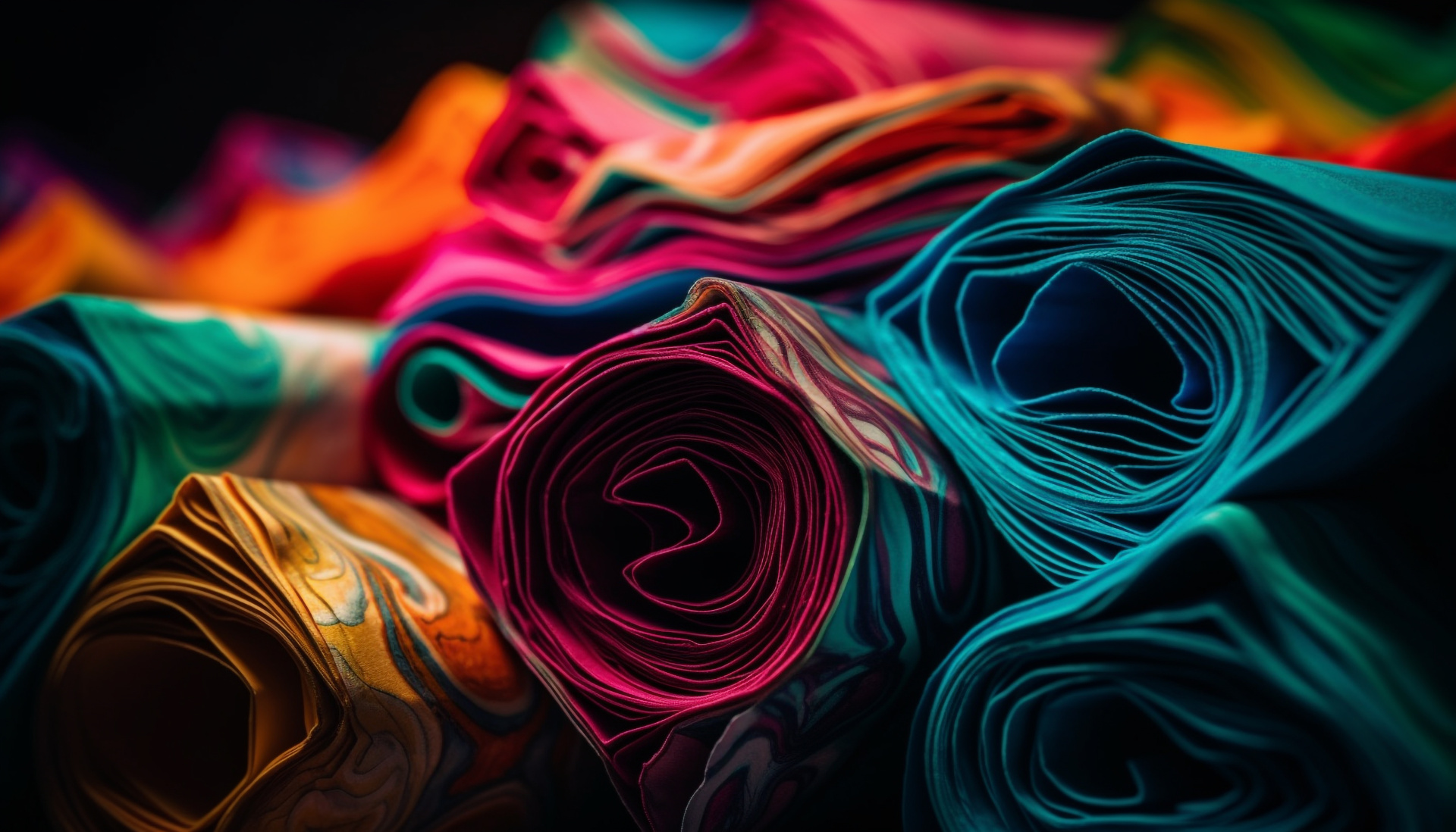 Rolos de tecido colorido com padrões abstratos em fundo escuro