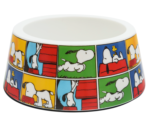 Comedouro redondo branco em cerâmica com quadrinhos coloridos do Snoopy.