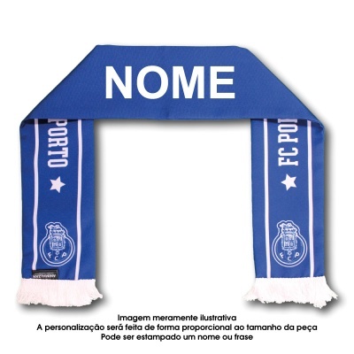 Cachecol azul do FC Porto com texto branco e franjas brancas